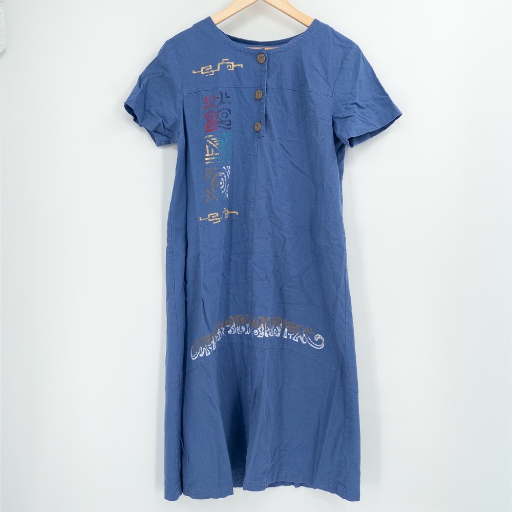 Vintage 90s Henley Dress Womens 8 Blue Linen Blend Boho Art to Wear Southwestern